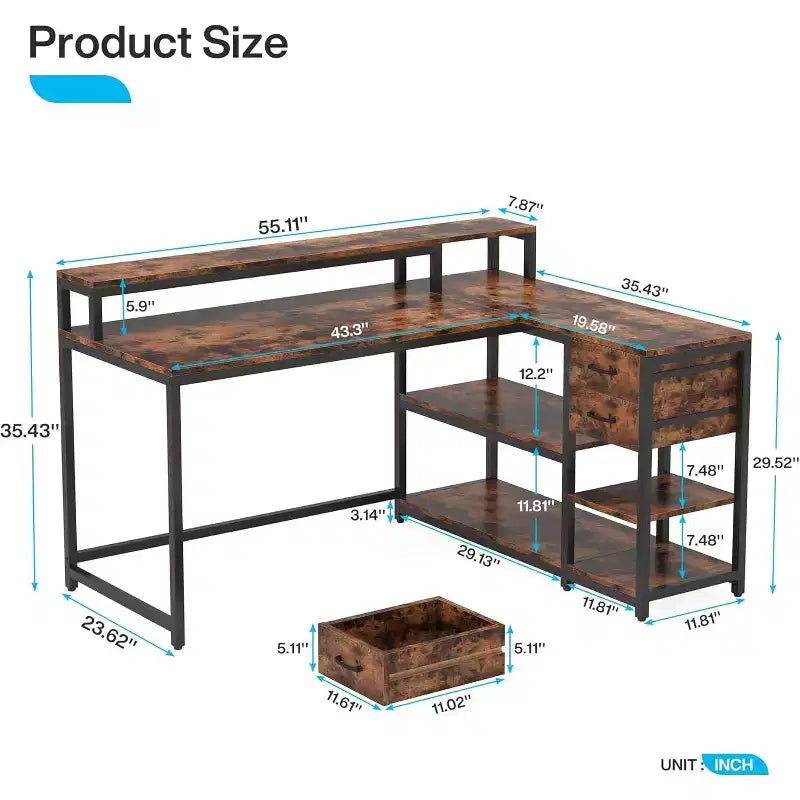 Scrivania angolare a L Lantine con cassetti e mensole, tavolo da computer angolare da 140 x 60 cm con supporto per monitor per ufficio e gaming, per piccoli spazi