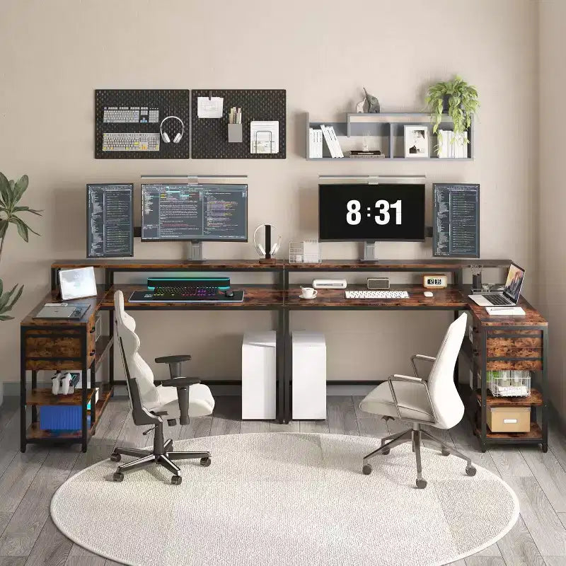 Scrivania angolare a L Lantine con cassetti e mensole, tavolo da computer angolare da 140 x 60 cm con supporto per monitor per ufficio e gaming, per piccoli spazi