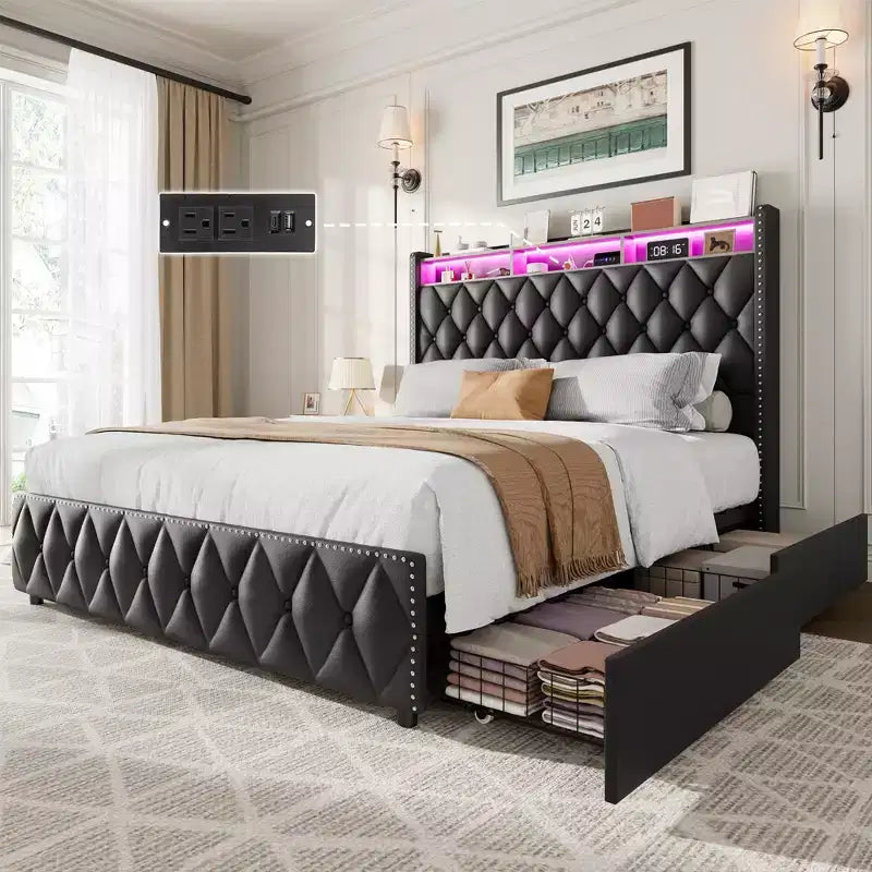 Struttura letto con testiera, struttura letto a piattaforma imbottita in pelle con 4 cassetti contenitore, luci LED, nessun bisogno di rete a molle, facile montaggio
