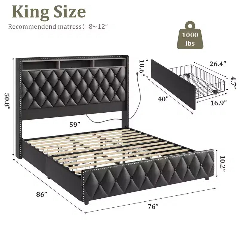 Struttura letto con testiera, struttura letto a piattaforma imbottita in pelle con 4 cassetti contenitore, luci LED, nessun bisogno di rete a molle, facile montaggio