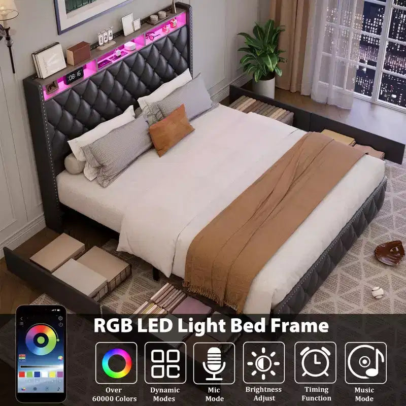 Struttura letto con testiera, struttura letto a piattaforma imbottita in pelle con 4 cassetti contenitore, luci LED, nessun bisogno di rete a molle, facile montaggio