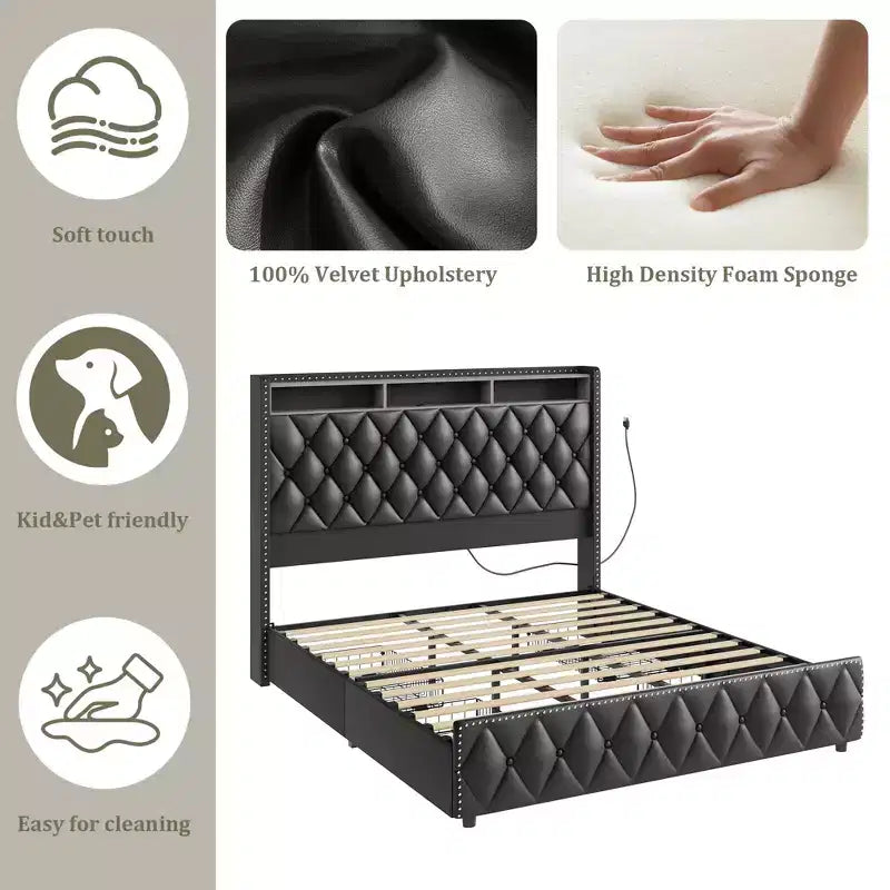 Struttura letto con testiera, struttura letto a piattaforma imbottita in pelle con 4 cassetti contenitore, luci LED, nessun bisogno di rete a molle, facile montaggio