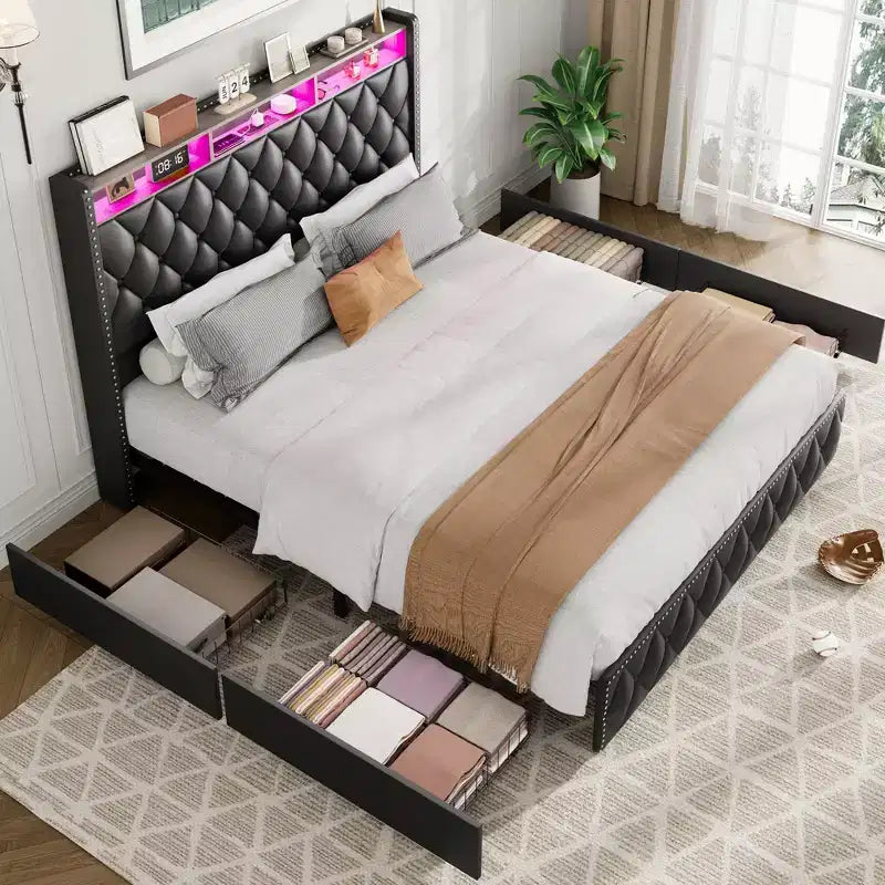 Struttura letto con testiera, struttura letto a piattaforma imbottita in pelle con 4 cassetti contenitore, luci LED, nessun bisogno di rete a molle, facile montaggio