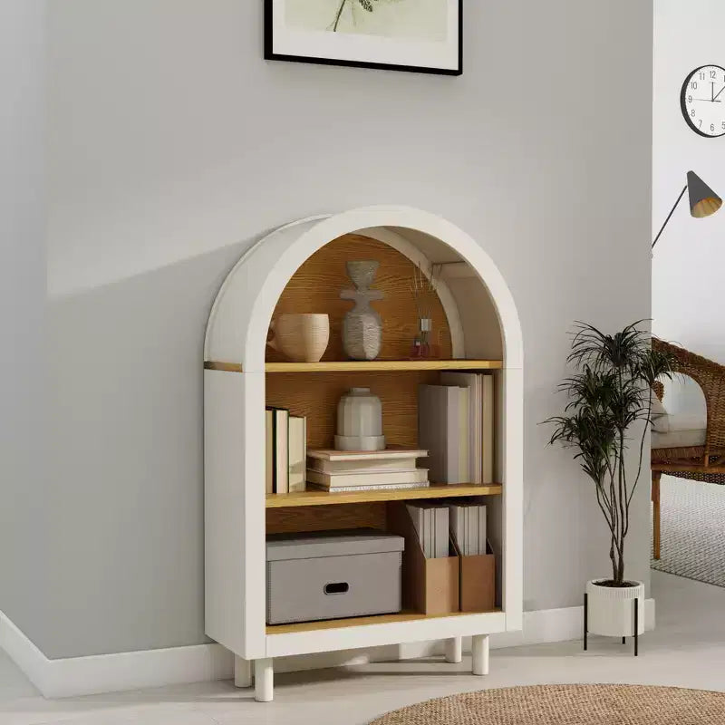 Libreria ad Arco, Armadietto ad Arco, Libreria Moderna in Legno ad Arco con 3 Ripiani, Bianca con Ripiani Effetto Legno, Mobile Contenitore a 3 Livelli