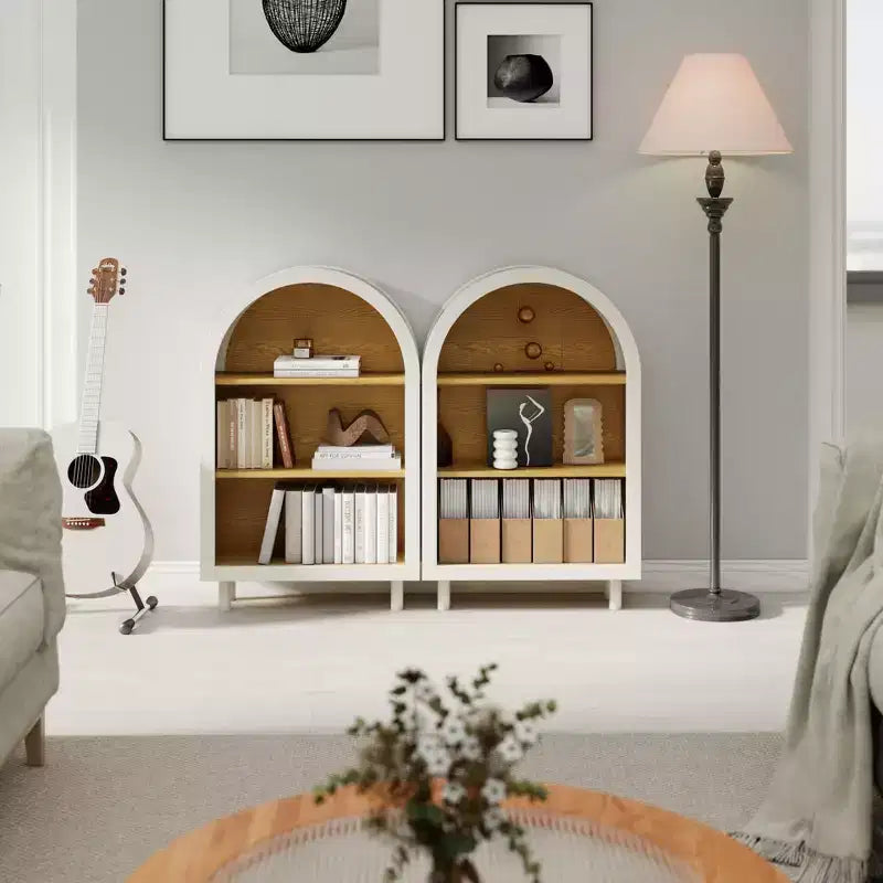Libreria ad Arco, Armadietto ad Arco, Libreria Moderna in Legno ad Arco con 3 Ripiani, Bianca con Ripiani Effetto Legno, Mobile Contenitore a 3 Livelli