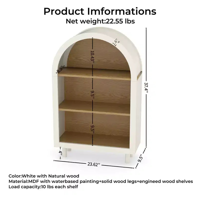 Libreria ad Arco, Armadietto ad Arco, Libreria Moderna in Legno ad Arco con 3 Ripiani, Bianca con Ripiani Effetto Legno, Mobile Contenitore a 3 Livelli