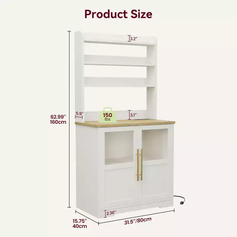 COZONY Scaffale da Forno con Presa di Corrente e 2 Ante in Vetro, Credenza Alta 160 cm Stile Rustico in Legno per Microonde con Vetrina e 3 Ripiani, Mobile Bar per Caffè