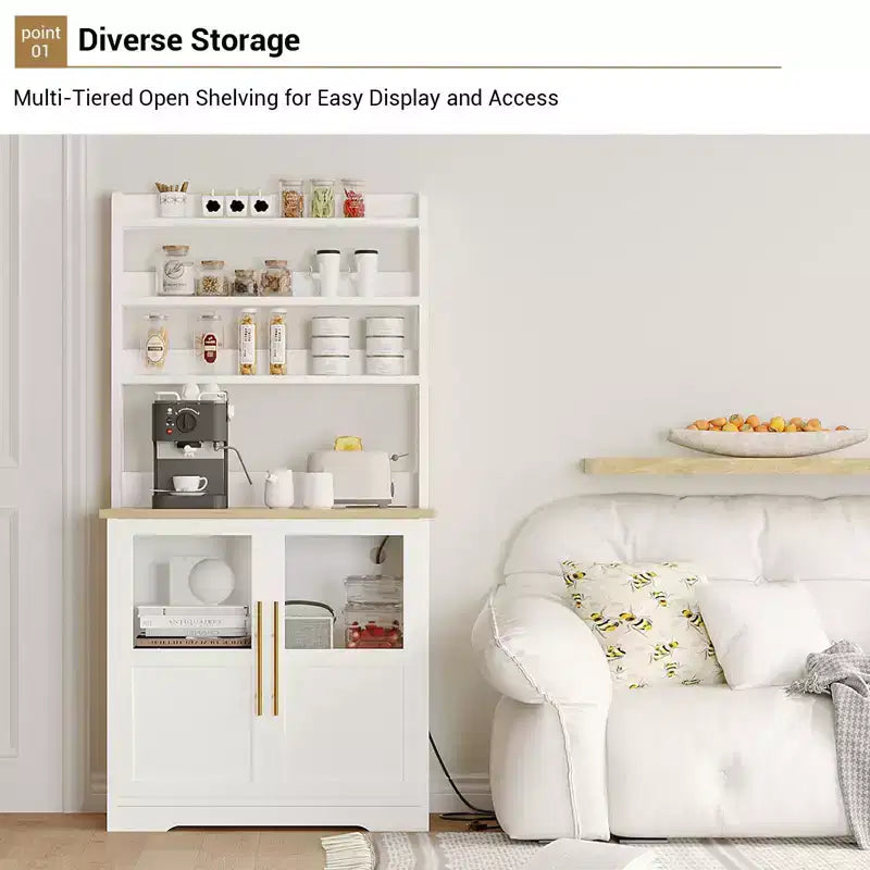 COZONY Scaffale da Forno con Presa di Corrente e 2 Ante in Vetro, Credenza Alta 160 cm Stile Rustico in Legno per Microonde con Vetrina e 3 Ripiani, Mobile Bar per Caffè