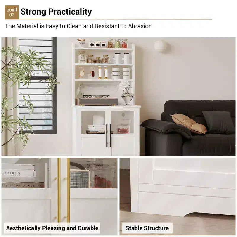 COZONY Scaffale da Forno con Presa di Corrente e 2 Ante in Vetro, Credenza Alta 160 cm Stile Rustico in Legno per Microonde con Vetrina e 3 Ripiani, Mobile Bar per Caffè