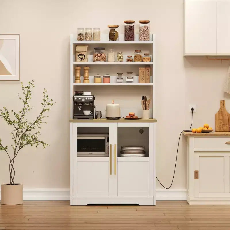 COZONY Scaffale da Forno con Presa di Corrente e 2 Ante in Vetro, Credenza Alta 160 cm Stile Rustico in Legno per Microonde con Vetrina e 3 Ripiani, Mobile Bar per Caffè