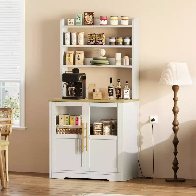 COZONY Scaffale da Forno con Presa di Corrente e 2 Ante in Vetro, Credenza Alta 160 cm Stile Rustico in Legno per Microonde con Vetrina e 3 Ripiani, Mobile Bar per Caffè