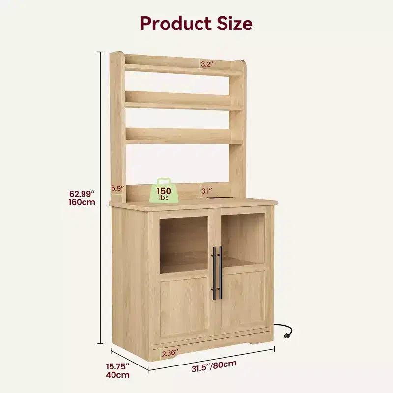 COZONY Scaffale da Forno con Presa di Corrente e 2 Ante in Vetro, Credenza Alta 160 cm Stile Rustico in Legno per Microonde con Vetrina e 3 Ripiani, Mobile Bar per Caffè