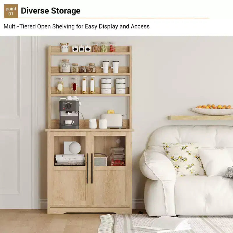 COZONY Scaffale da Forno con Presa di Corrente e 2 Ante in Vetro, Credenza Alta 160 cm Stile Rustico in Legno per Microonde con Vetrina e 3 Ripiani, Mobile Bar per Caffè