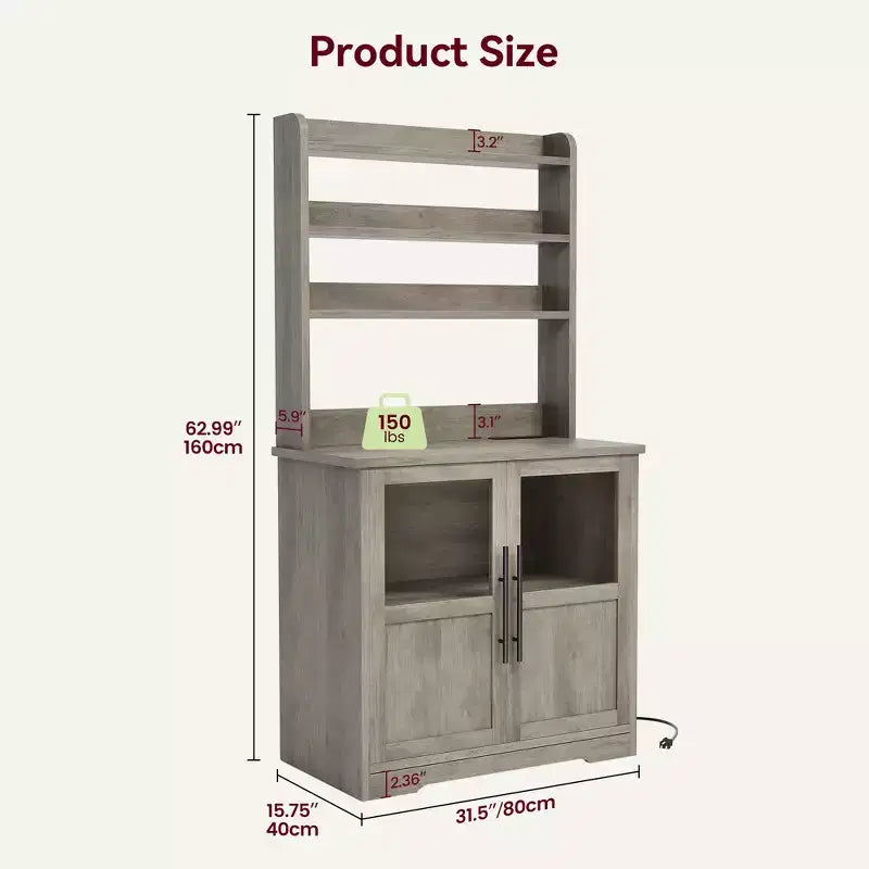 COZONY Scaffale da Forno con Presa di Corrente e 2 Ante in Vetro, Credenza Alta 160 cm Stile Rustico in Legno per Microonde con Vetrina e 3 Ripiani, Mobile Bar per Caffè