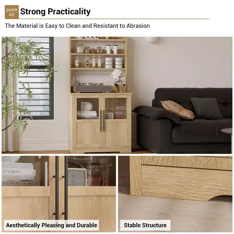 COZONY Scaffale da Forno con Presa di Corrente e 2 Ante in Vetro, Credenza Alta 160 cm Stile Rustico in Legno per Microonde con Vetrina e 3 Ripiani, Mobile Bar per Caffè