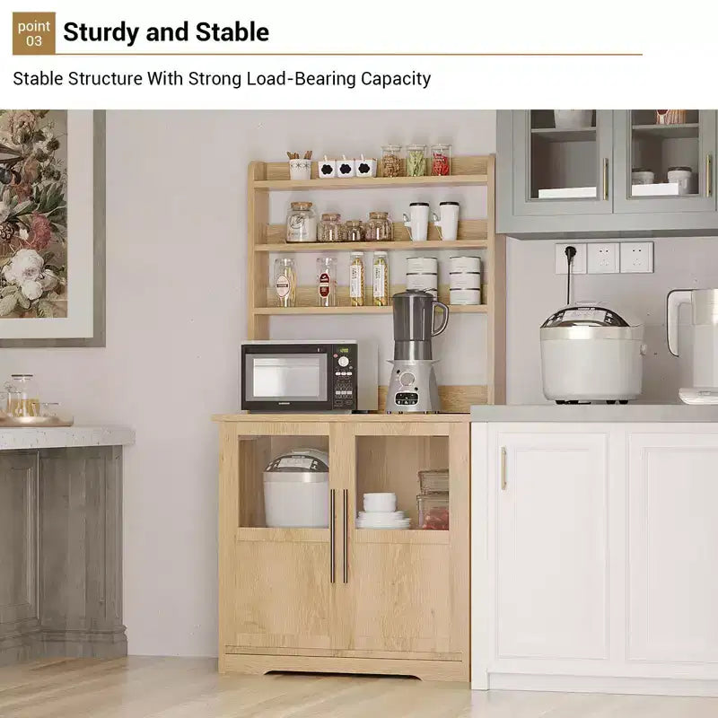 COZONY Scaffale da Forno con Presa di Corrente e 2 Ante in Vetro, Credenza Alta 160 cm Stile Rustico in Legno per Microonde con Vetrina e 3 Ripiani, Mobile Bar per Caffè
