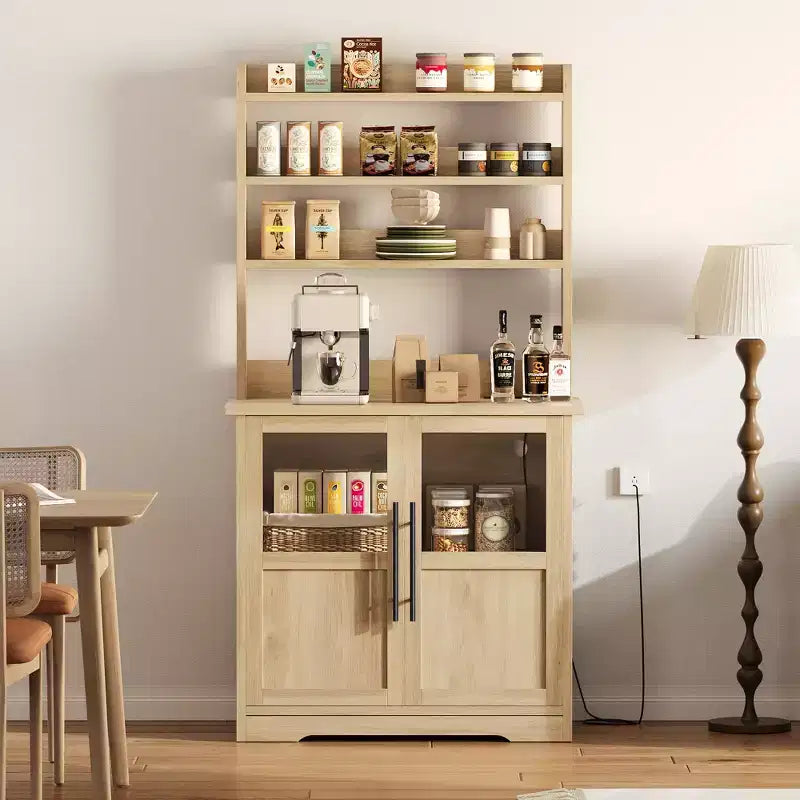 COZONY Scaffale da Forno con Presa di Corrente e 2 Ante in Vetro, Credenza Alta 160 cm Stile Rustico in Legno per Microonde con Vetrina e 3 Ripiani, Mobile Bar per Caffè