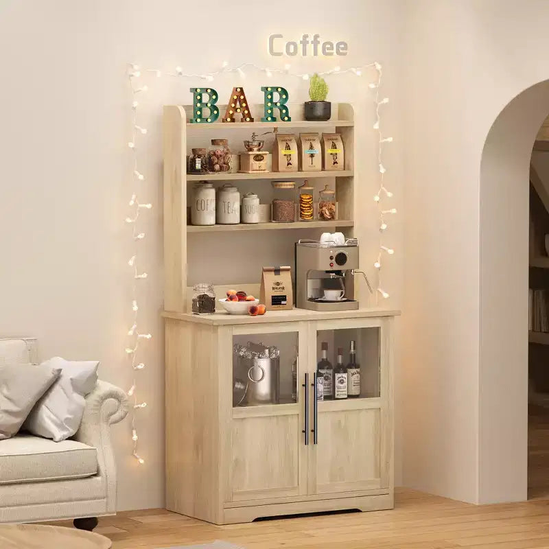COZONY Scaffale da Forno con Presa di Corrente e 2 Ante in Vetro, Credenza Alta 160 cm Stile Rustico in Legno per Microonde con Vetrina e 3 Ripiani, Mobile Bar per Caffè