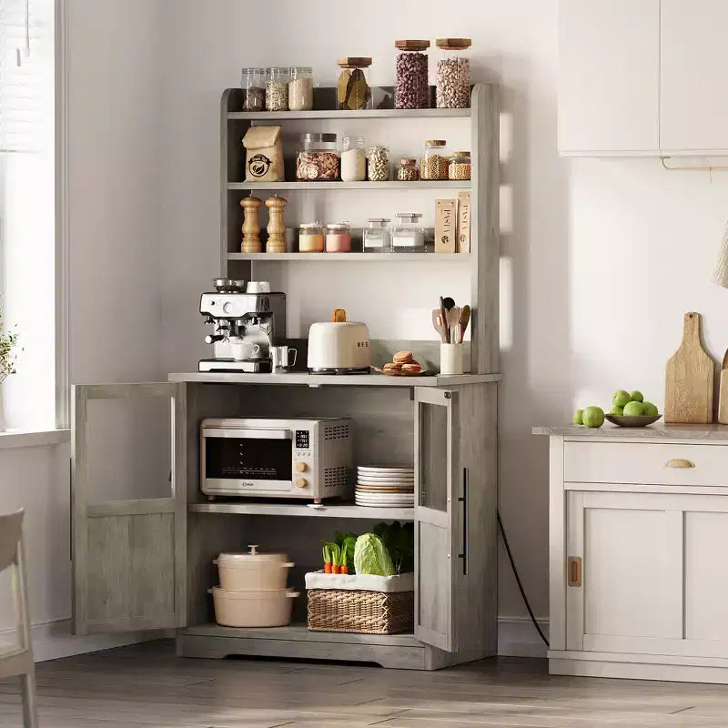COZONY Scaffale da Forno con Presa di Corrente e 2 Ante in Vetro, Credenza Alta 160 cm Stile Rustico in Legno per Microonde con Vetrina e 3 Ripiani, Mobile Bar per Caffè