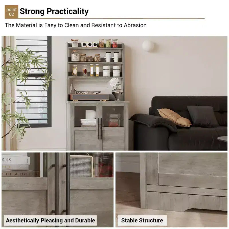 COZONY Scaffale da Forno con Presa di Corrente e 2 Ante in Vetro, Credenza Alta 160 cm Stile Rustico in Legno per Microonde con Vetrina e 3 Ripiani, Mobile Bar per Caffè