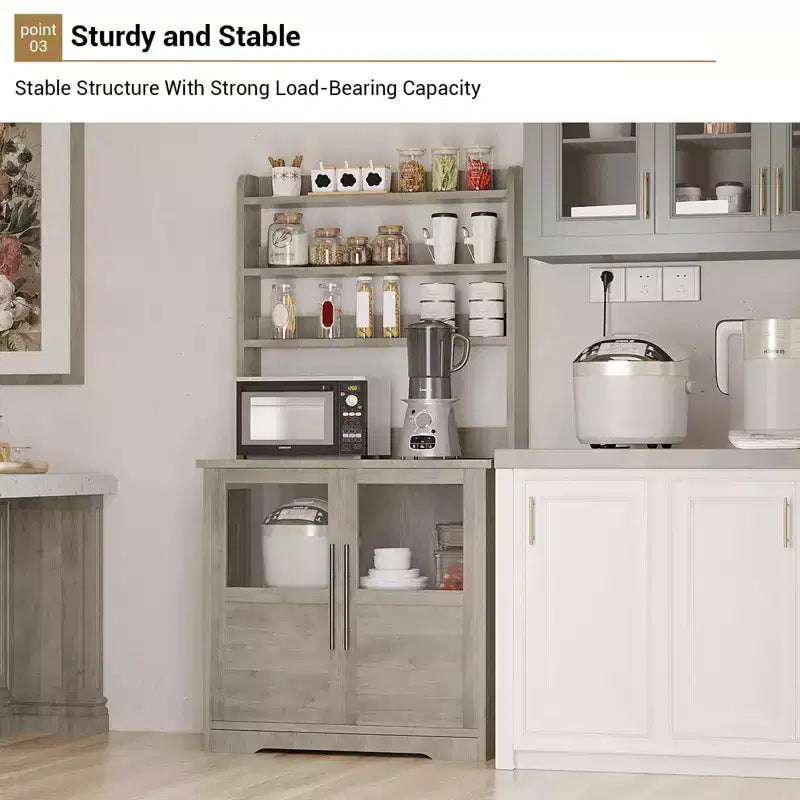 COZONY Scaffale da Forno con Presa di Corrente e 2 Ante in Vetro, Credenza Alta 160 cm Stile Rustico in Legno per Microonde con Vetrina e 3 Ripiani, Mobile Bar per Caffè