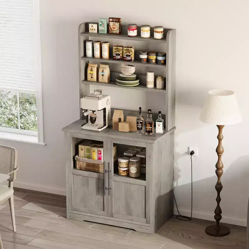 COZONY Scaffale da Forno con Presa di Corrente e 2 Ante in Vetro, Credenza Alta 160 cm Stile Rustico in Legno per Microonde con Vetrina e 3 Ripiani, Mobile Bar per Caffè