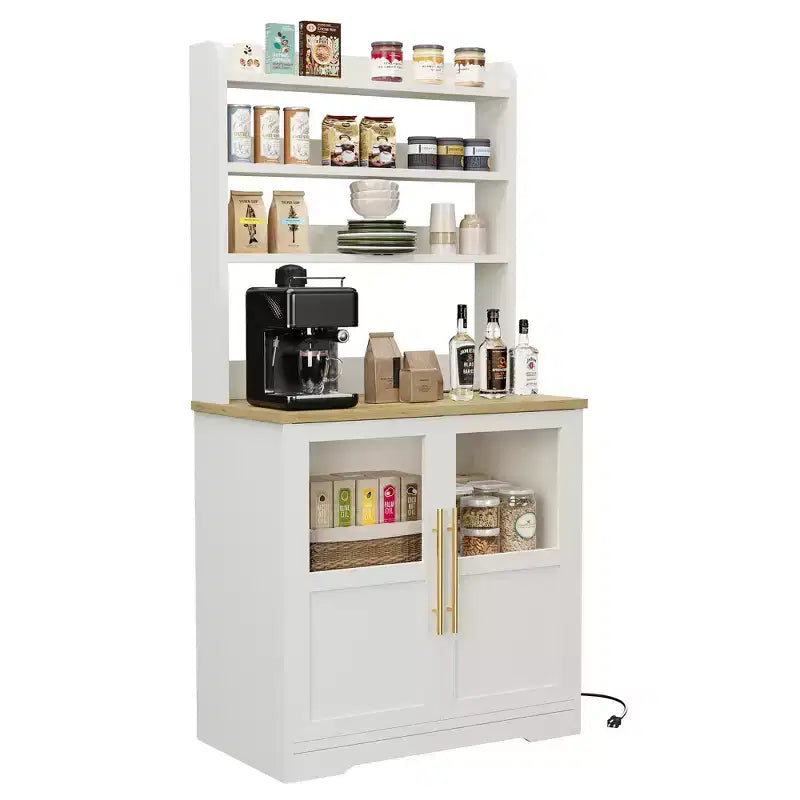 COZONY Scaffale da Forno con Presa di Corrente e 2 Ante in Vetro, Credenza Alta 160 cm Stile Rustico in Legno per Microonde con Vetrina e 3 Ripiani, Mobile Bar per Caffè