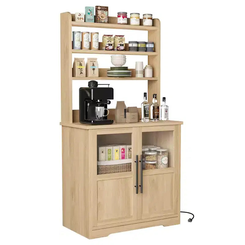 COZONY Scaffale da Forno con Presa di Corrente e 2 Ante in Vetro, Credenza Alta 160 cm Stile Rustico in Legno per Microonde con Vetrina e 3 Ripiani, Mobile Bar per Caffè