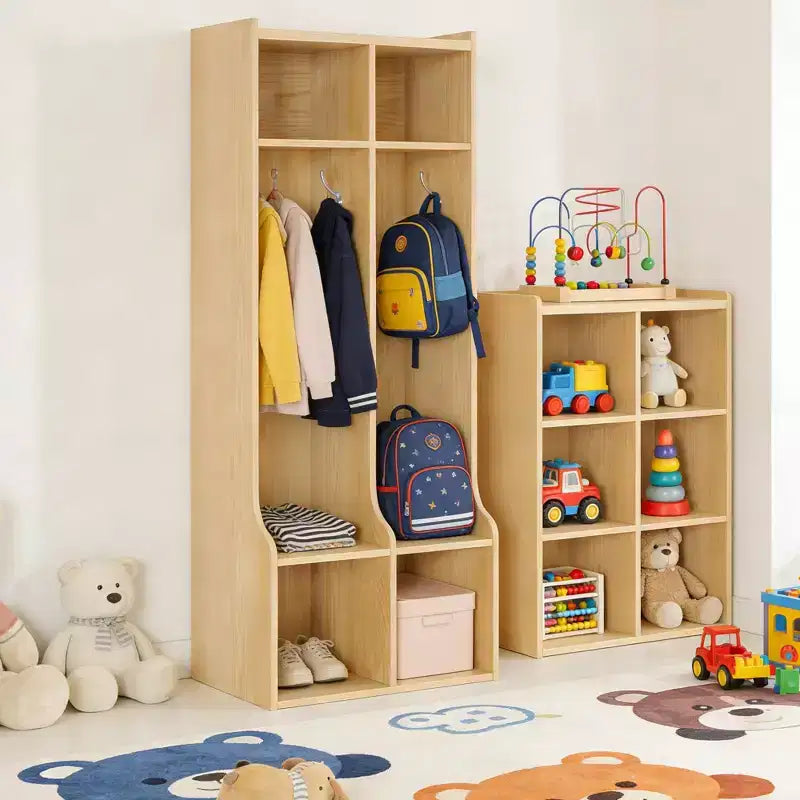 Guardaroba con 2 Sezioni, 4 Scomparti e 4 Ganci, Organizzatore Durevole per Casa, Studio, Asilo Nido, Scuola Materna