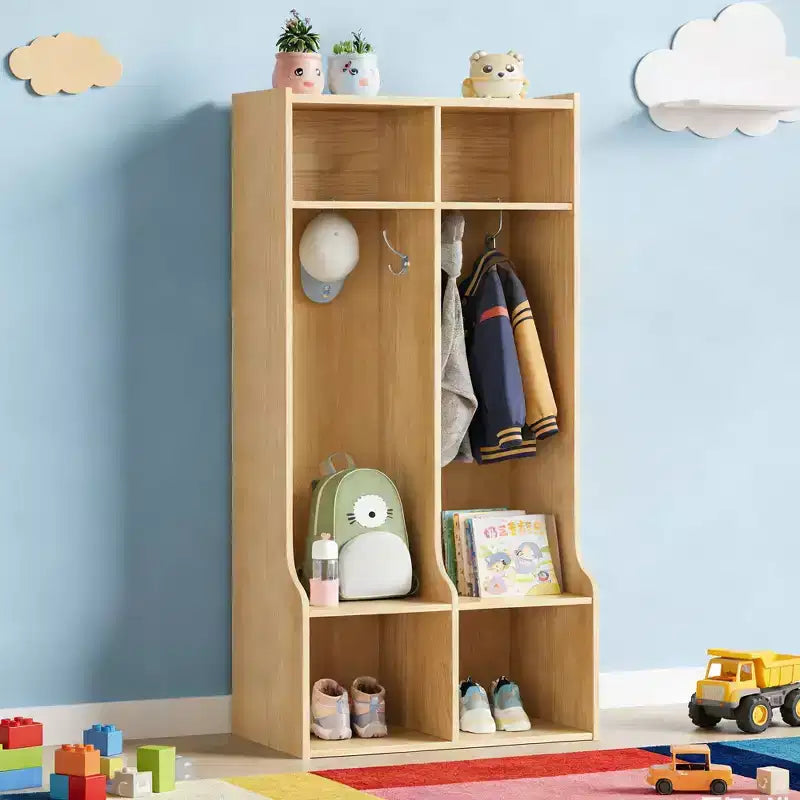 Guardaroba con 2 Sezioni, 4 Scomparti e 4 Ganci, Organizzatore Durevole per Casa, Studio, Asilo Nido, Scuola Materna