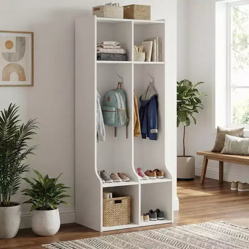 Guardaroba con 2 Sezioni, 4 Scomparti e 4 Ganci, Organizzatore Durevole per Casa, Studio, Asilo Nido, Scuola Materna