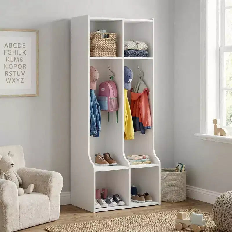 Guardaroba con 2 Sezioni, 4 Scomparti e 4 Ganci, Organizzatore Durevole per Casa, Studio, Asilo Nido, Scuola Materna