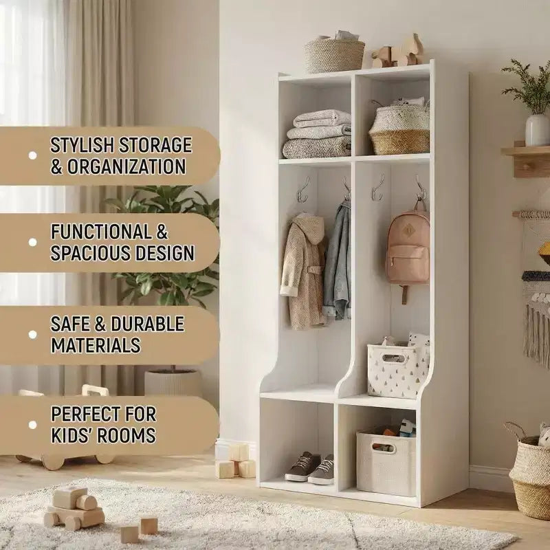 Guardaroba con 2 Sezioni, 4 Scomparti e 4 Ganci, Organizzatore Durevole per Casa, Studio, Asilo Nido, Scuola Materna