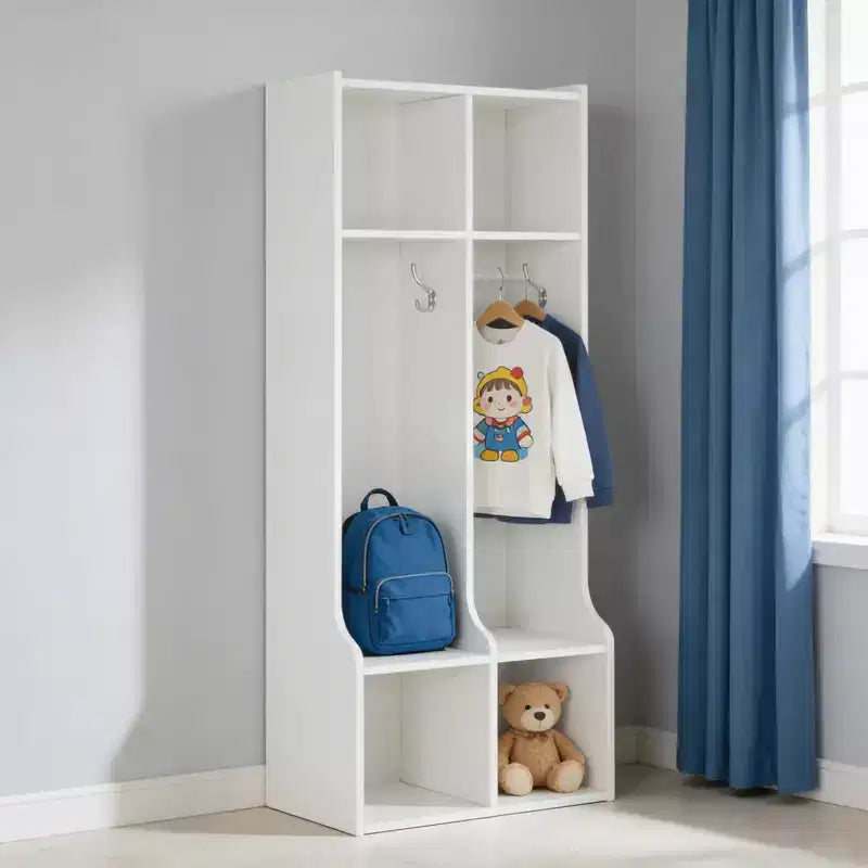 Guardaroba con 2 Sezioni, 4 Scomparti e 4 Ganci, Organizzatore Durevole per Casa, Studio, Asilo Nido, Scuola Materna