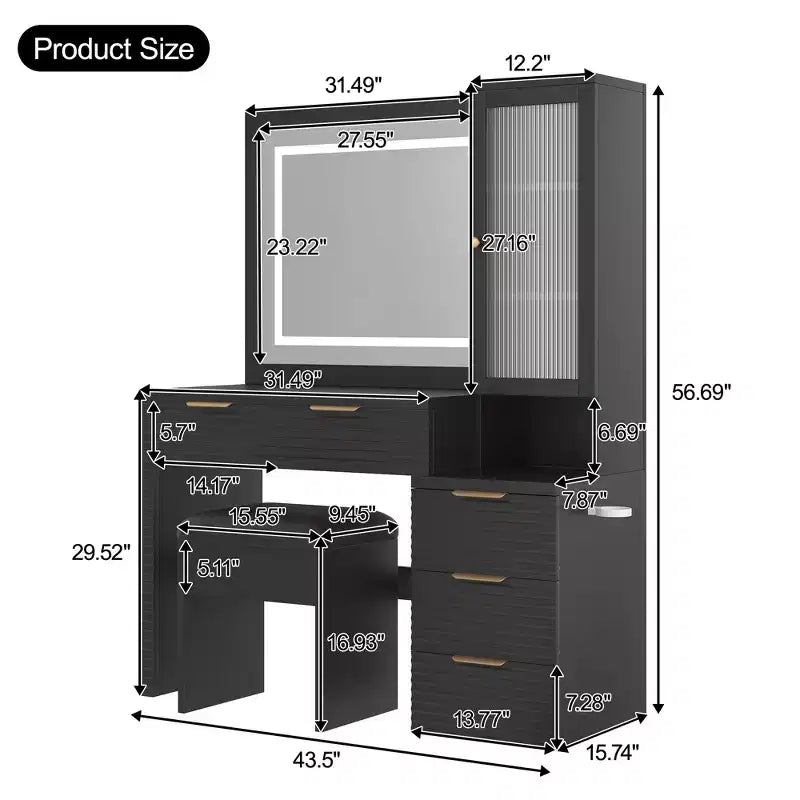 GDFStudio Doris Moderna Specchiera da Trucco in Legno con Sgabello, Specchio Illuminato a LED, Vetrinetta con Porta in Vetro, 5 Cassetti e Stazione di Ricarica