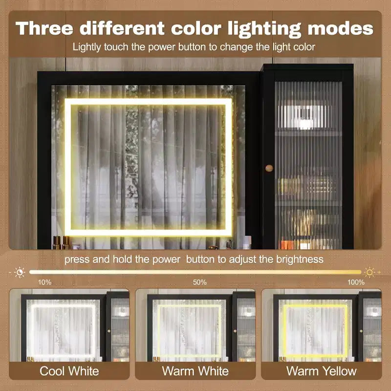 GDFStudio Doris Moderna Specchiera da Trucco in Legno con Sgabello, Specchio Illuminato a LED, Vetrinetta con Porta in Vetro, 5 Cassetti e Stazione di Ricarica