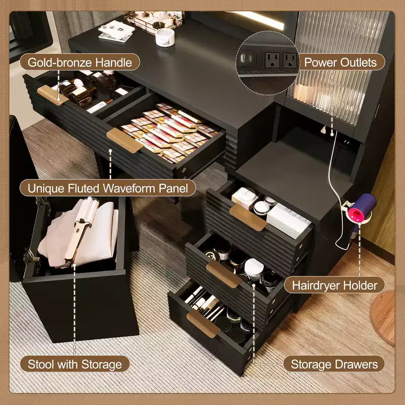 GDFStudio Doris Moderna Specchiera da Trucco in Legno con Sgabello, Specchio Illuminato a LED, Vetrinetta con Porta in Vetro, 5 Cassetti e Stazione di Ricarica