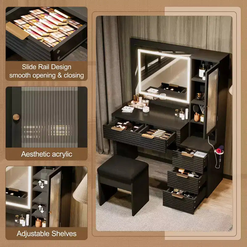 GDFStudio Doris Moderna Specchiera da Trucco in Legno con Sgabello, Specchio Illuminato a LED, Vetrinetta con Porta in Vetro, 5 Cassetti e Stazione di Ricarica