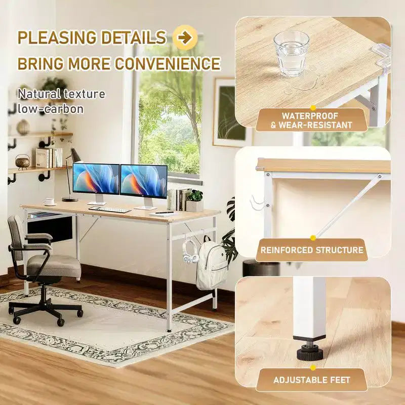 Karl Home 63 Scrivania per Computer per Ufficio Domestico, Scrivania da Studio con Contenitore, Ganci Laterali e Piedini Regolabili