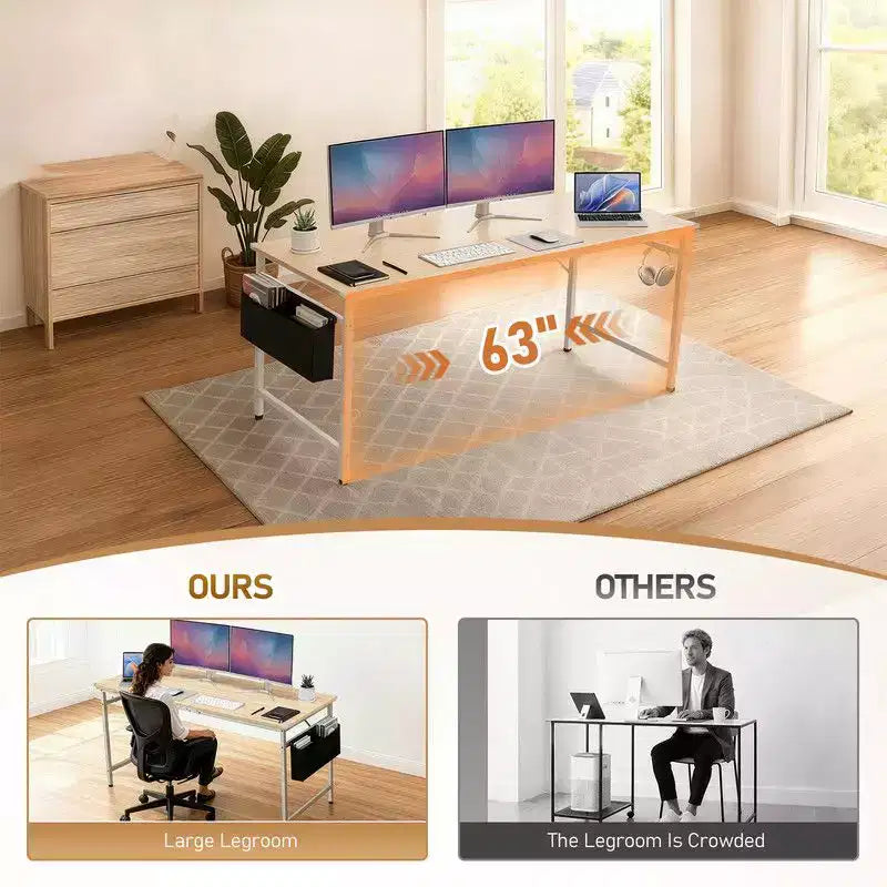 Karl Home 63 Scrivania per Computer per Ufficio Domestico, Scrivania da Studio con Contenitore, Ganci Laterali e Piedini Regolabili