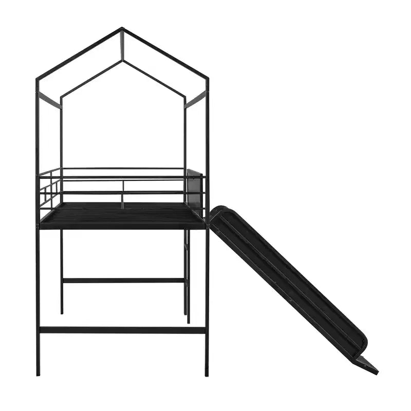 Bellemave Letto a soppalco singolo in metallo a forma di casetta con scivolo e lavagna, letto a castello per bambini, robusto telaio in metallo, scaletta, divertimento per interni, nero