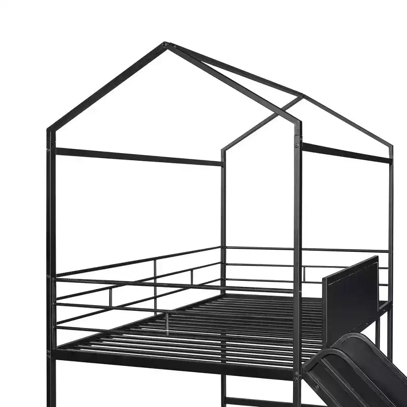 Bellemave Letto a soppalco singolo in metallo a forma di casetta con scivolo e lavagna, letto a castello per bambini, robusto telaio in metallo, scaletta, divertimento per interni, nero