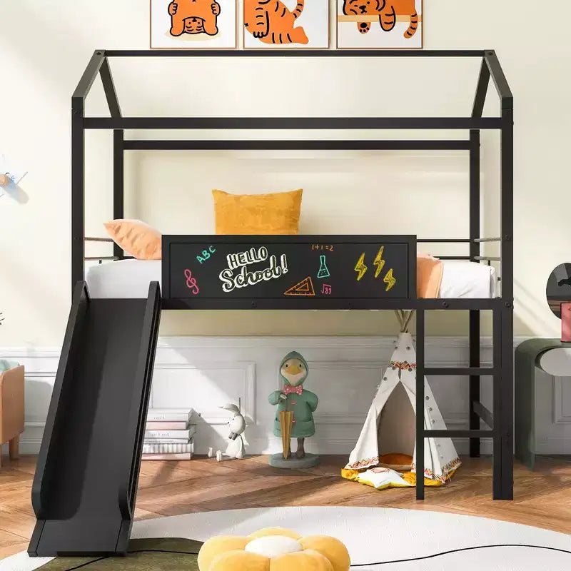 Bellemave Letto a soppalco singolo in metallo a forma di casetta con scivolo e lavagna, letto a castello per bambini, robusto telaio in metallo, scaletta, divertimento per interni, nero