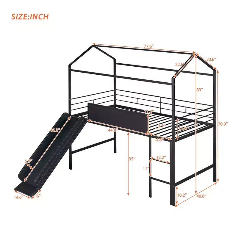 Bellemave Letto a soppalco singolo in metallo a forma di casetta con scivolo e lavagna, letto a castello per bambini, robusto telaio in metallo, scaletta, divertimento per interni, nero