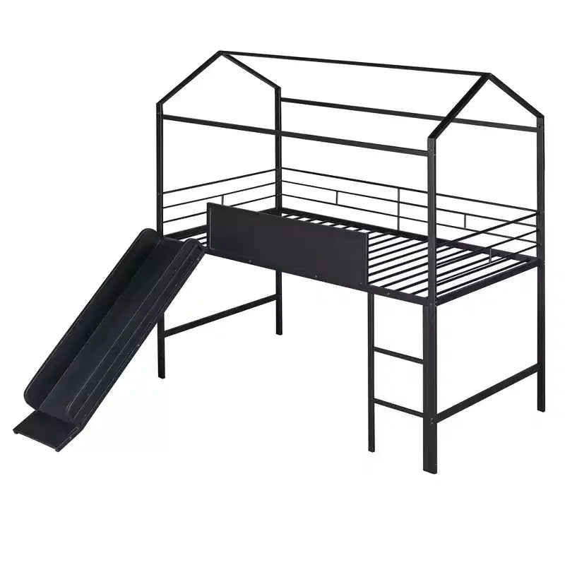 Bellemave Letto a soppalco singolo in metallo a forma di casetta con scivolo e lavagna, letto a castello per bambini, robusto telaio in metallo, scaletta, divertimento per interni, nero