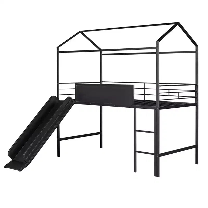 Bellemave Letto a soppalco singolo in metallo a forma di casetta con scivolo e lavagna, letto a castello per bambini, robusto telaio in metallo, scaletta, divertimento per interni, nero