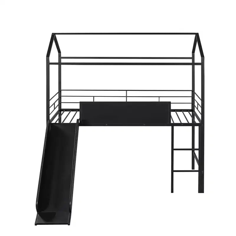 Bellemave Letto a soppalco singolo in metallo a forma di casetta con scivolo e lavagna, letto a castello per bambini, robusto telaio in metallo, scaletta, divertimento per interni, nero