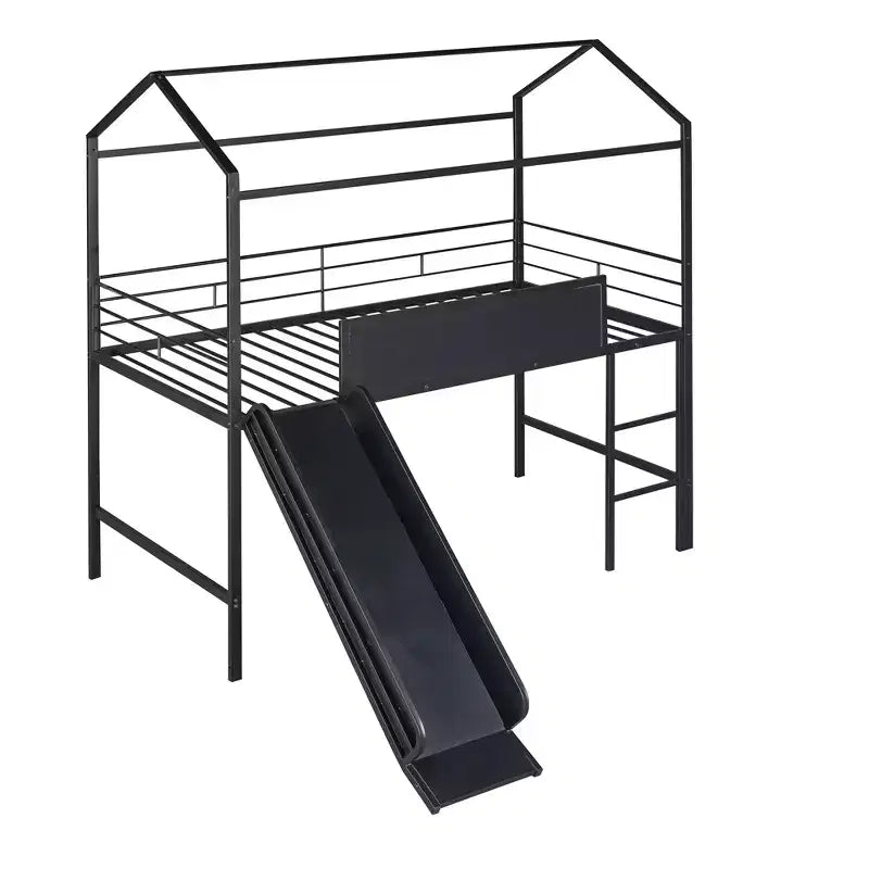 Bellemave Letto a soppalco singolo in metallo a forma di casetta con scivolo e lavagna, letto a castello per bambini, robusto telaio in metallo, scaletta, divertimento per interni, nero