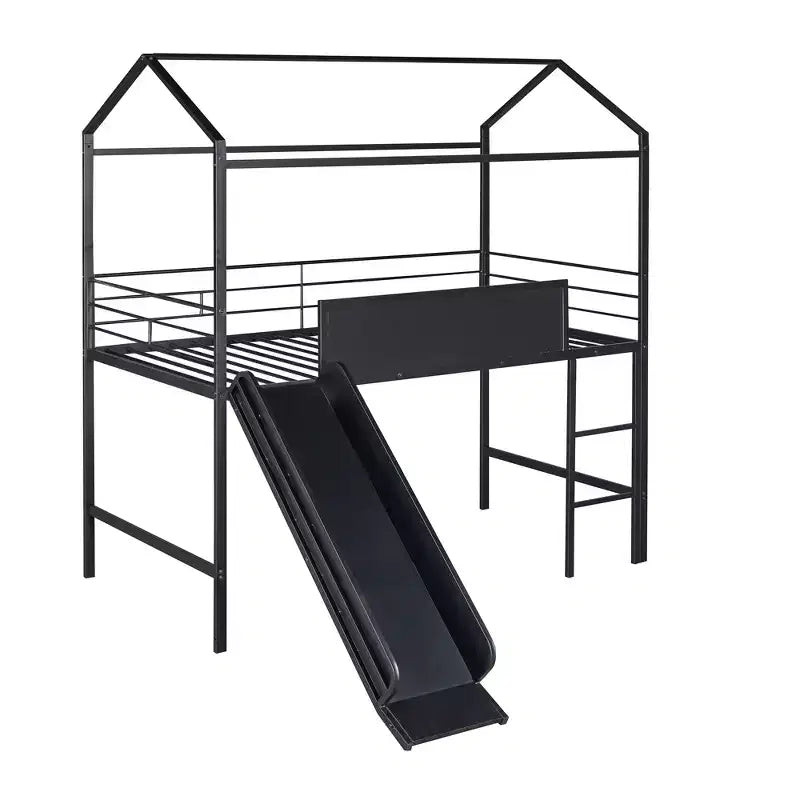Bellemave Letto a soppalco singolo in metallo a forma di casetta con scivolo e lavagna, letto a castello per bambini, robusto telaio in metallo, scaletta, divertimento per interni, nero