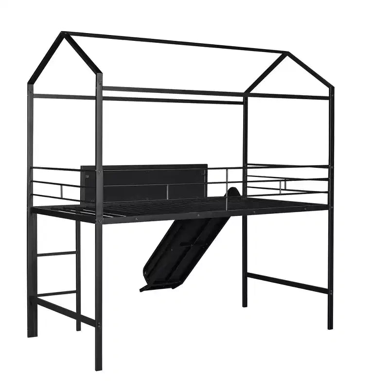 Bellemave Letto a soppalco singolo in metallo a forma di casetta con scivolo e lavagna, letto a castello per bambini, robusto telaio in metallo, scaletta, divertimento per interni, nero